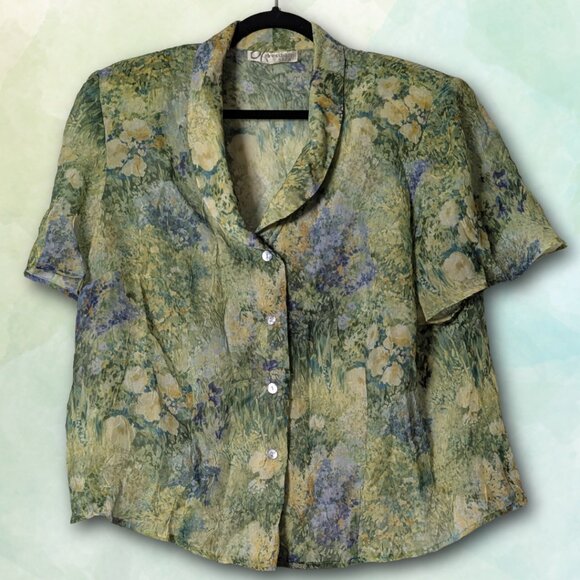 K Studio/Dress Barn Vintage 90s Sheer Floral Button Down, size L/XL - Picture 1 of 8
